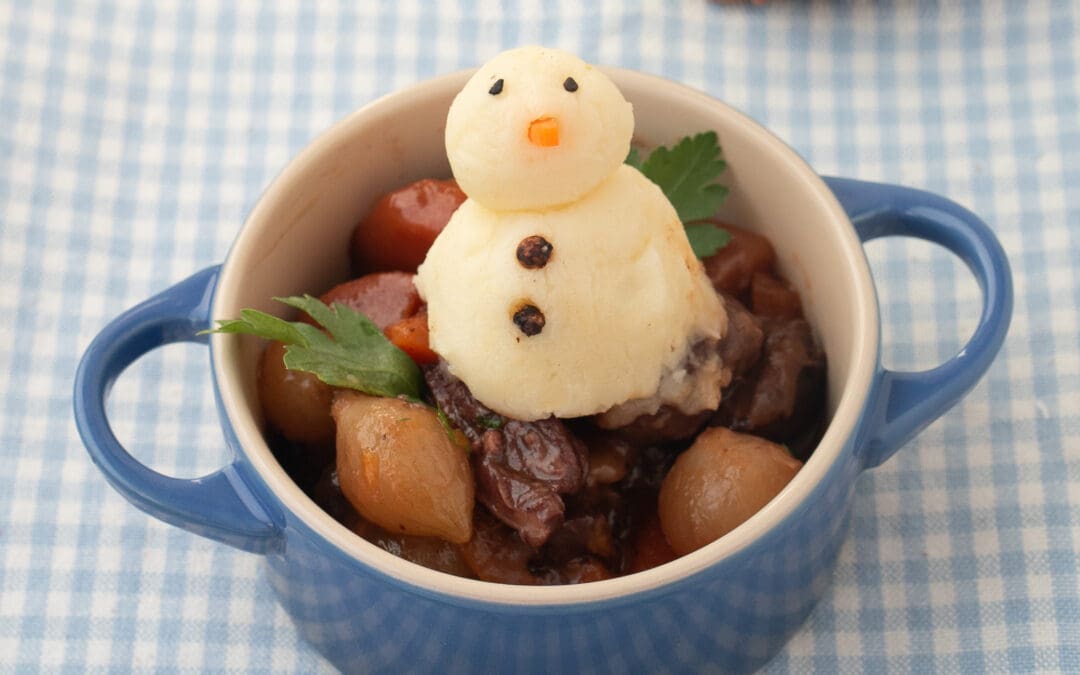 “Snowman Stew” | Easy and Decadent Recipe for Smoky Beef Stew with Toasted Mashed Potatoes