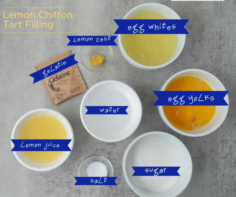 Ingredients measured in small bowls needed to make lemon chiffon pie. 