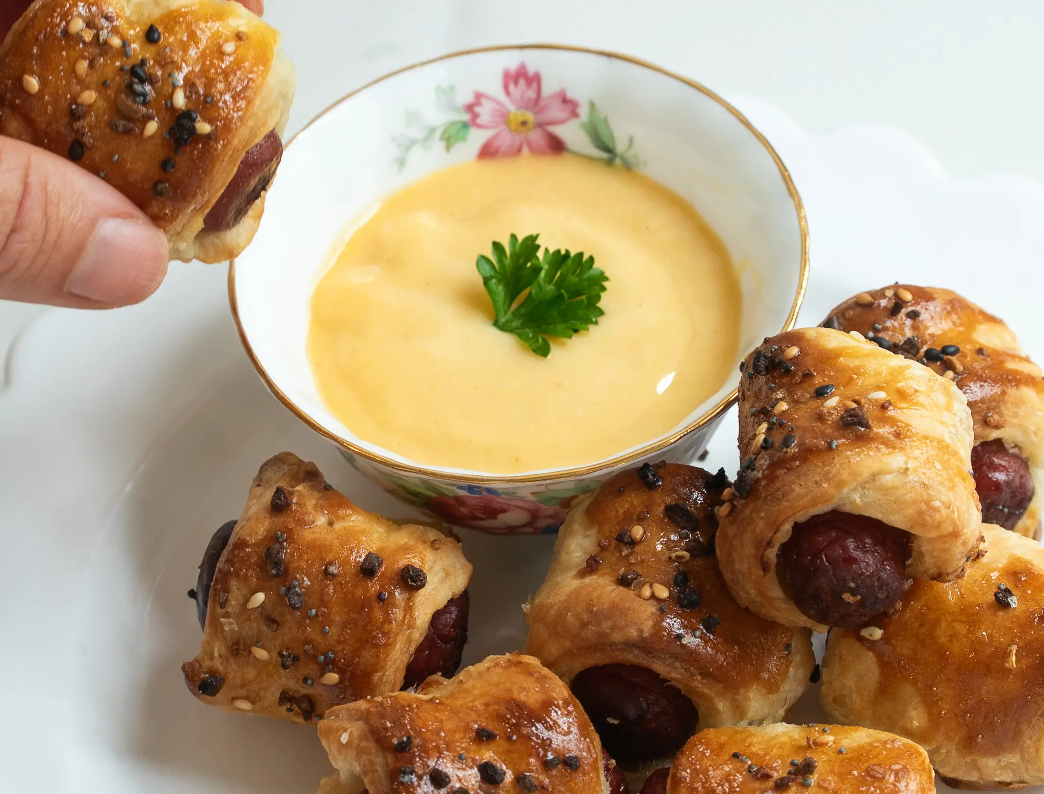 Puff Pastry wrapped hot dogs with old-fashioned creamy mustard sauce