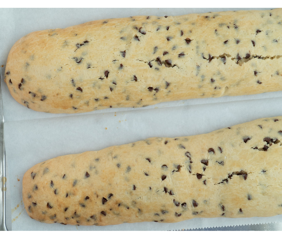 two baked chocolate chip biscuit logs