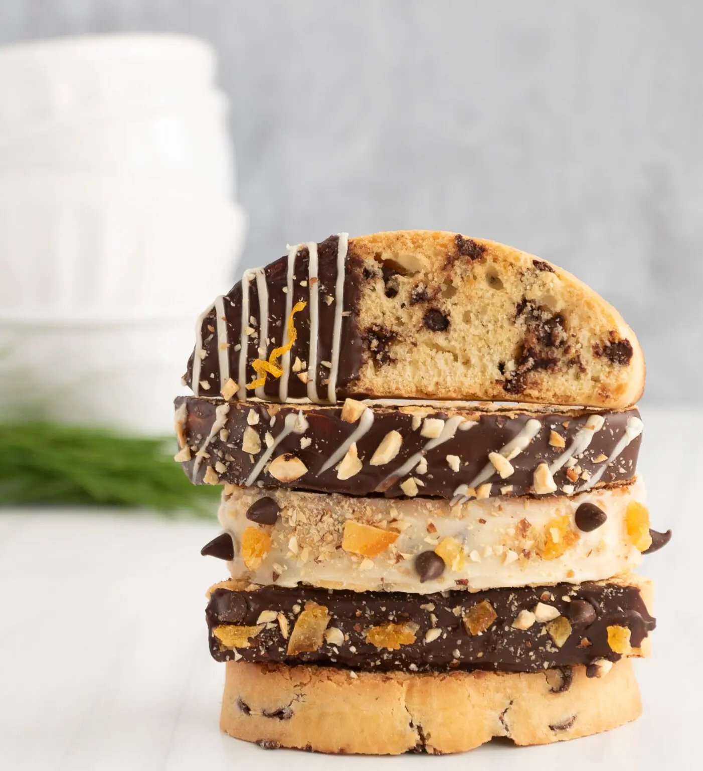 Stacked decorated chocolate chip biscuits