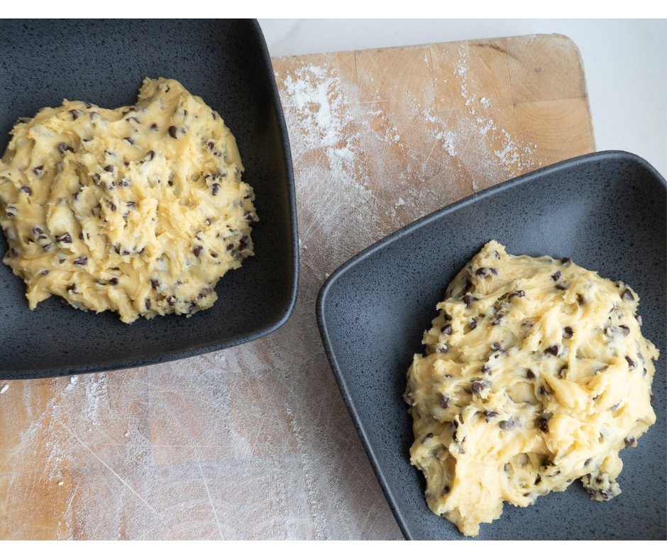 Separate chocolate chip biscuit dough into two bowls