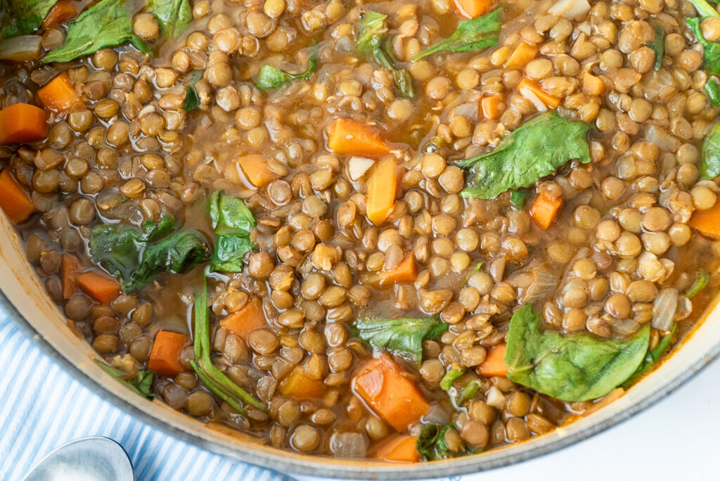Close up on pot of my grandmother's Sicilian Lentil Soup