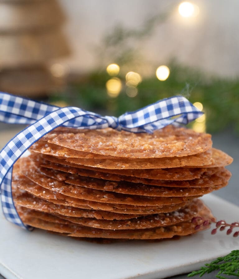 Brown Butter Irish Lace Cookies Recipe with Blue and White Ribbon