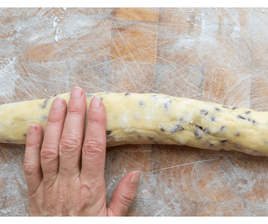 ROLL DOUGH Roll chocolate chip biscuit dough into a log shape