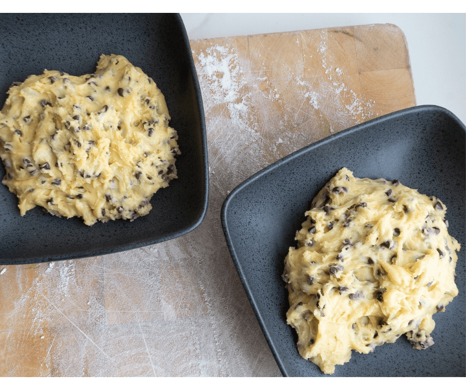 SEPARATE DOUGH Separate chocolate chip biscuit dough into two bowls