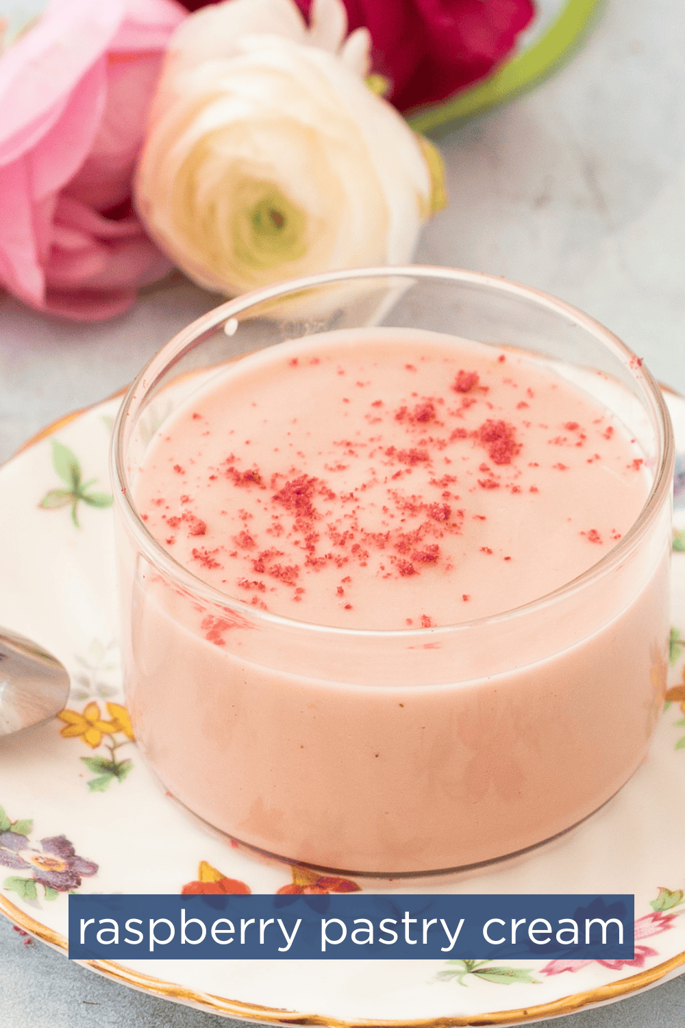 raspberry pastry cream in a small clear ramekin