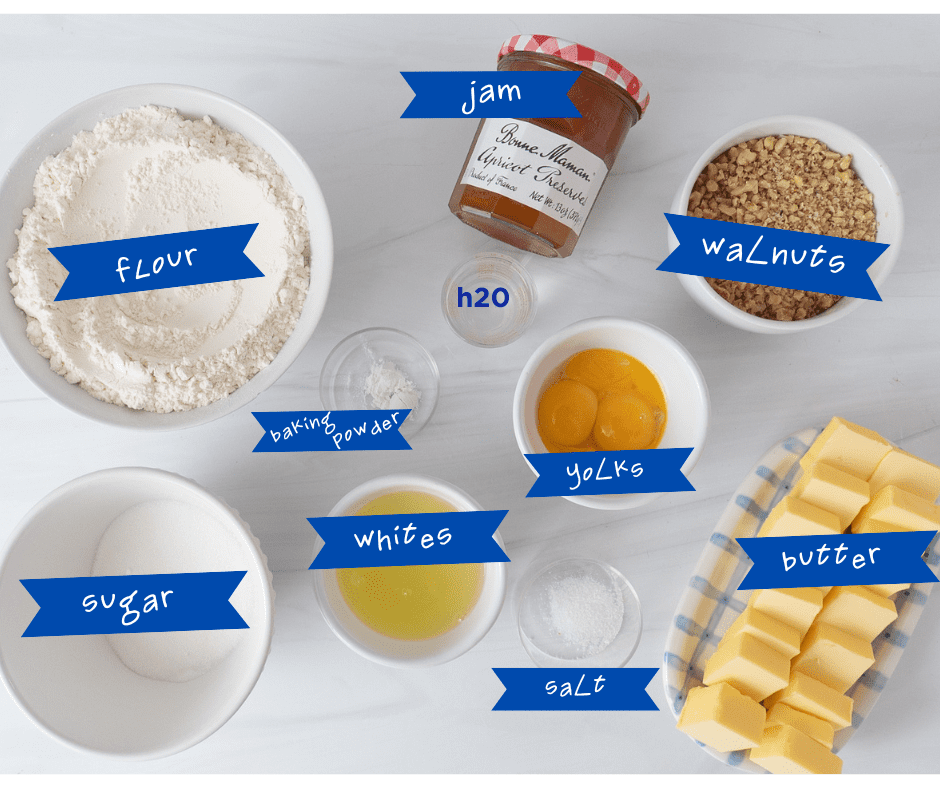 Hungarian Apricot Ruffled Tart Ingredients measured out and labeled