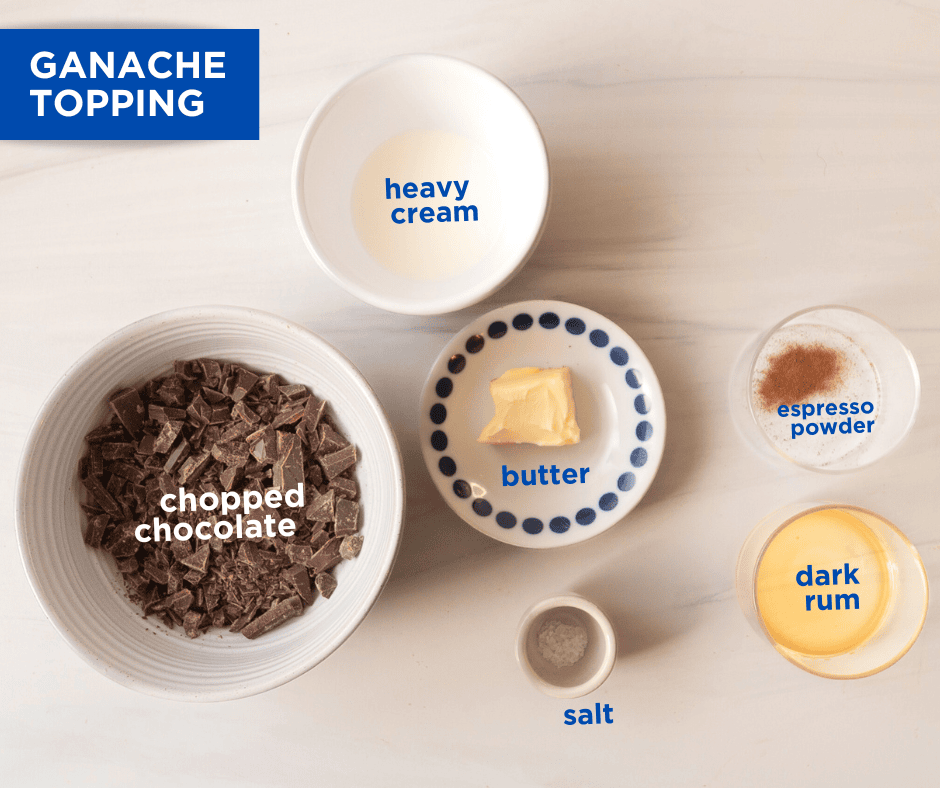 Overlay image of chopped chocolate, heavy cream, butter, salt, dark rum, and espresso powder for chocolate ganache topping.