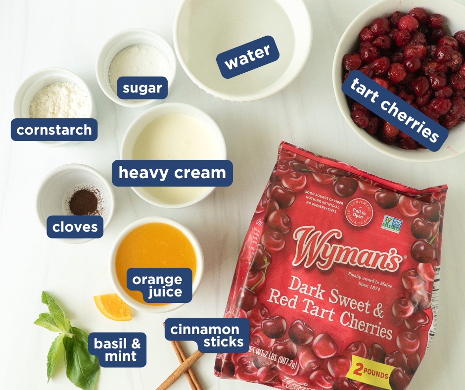 Overhead view of all ingredients for Hungarian chilled sour cherry soup, labeled with cinnamon sticks, cloves, orange juice, sour cherries, sugar, and cream.