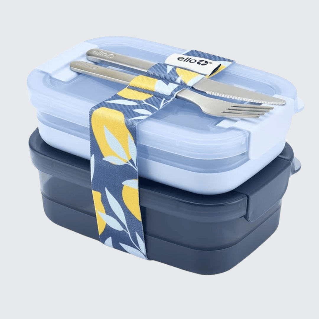 Small stackable blue bento boxes from Family Tree Foodie’s kitchen collection, perfect for back-to-school lunches and meal prep.