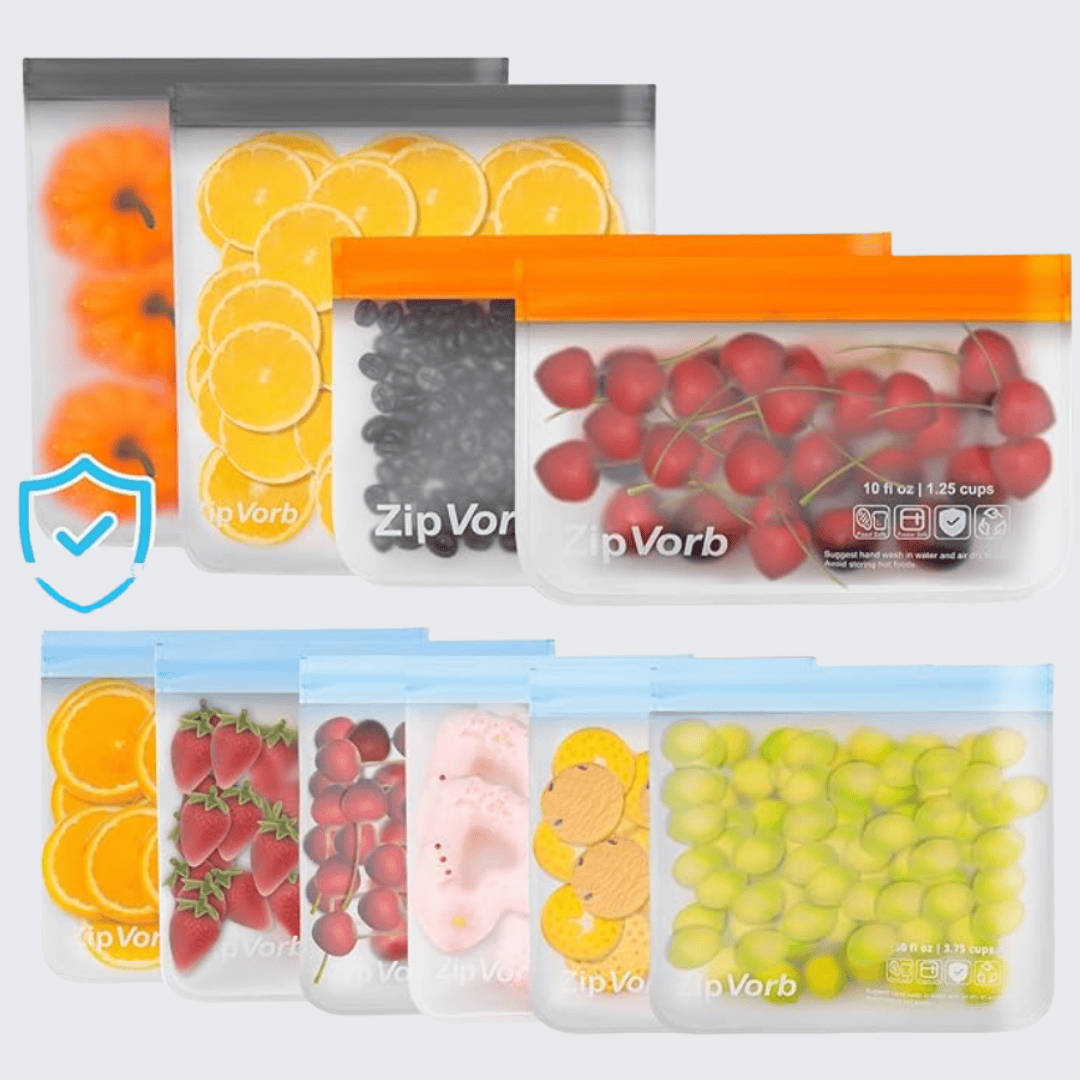 Reusable silicone snack bags with brightly colored closures from Family Tree Foodie’s kitchen collection, perfect for back-to-school snacks and meal prep.