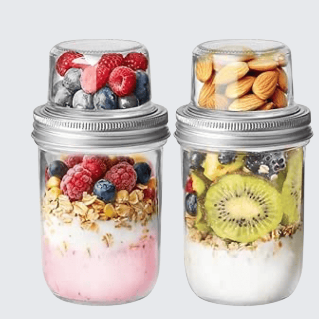 Glass parfait jar with a separate top container for toppings, from Family Tree Foodie’s kitchen collection, perfect for back-to-school breakfasts or snacks.