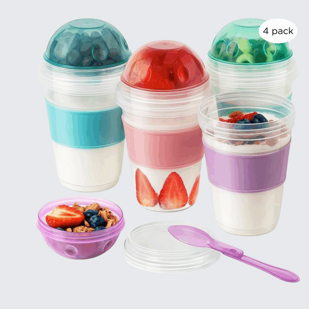 Yogurt parfait containers with colorful bands and built-in spoons from Family Tree Foodie’s kitchen collection, perfect for back-to-school breakfasts and snacks.