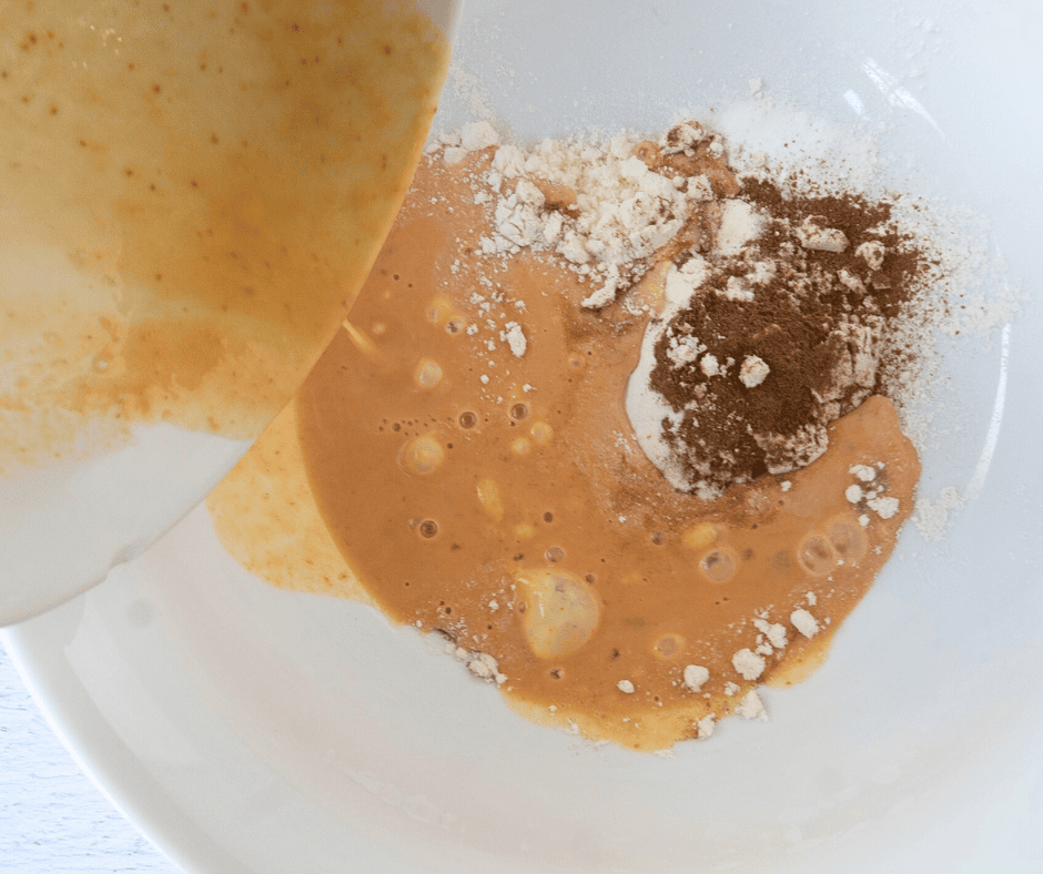 Combining wet and dry ingredients for Pumpkin Spice Protein Pancake Recipe
