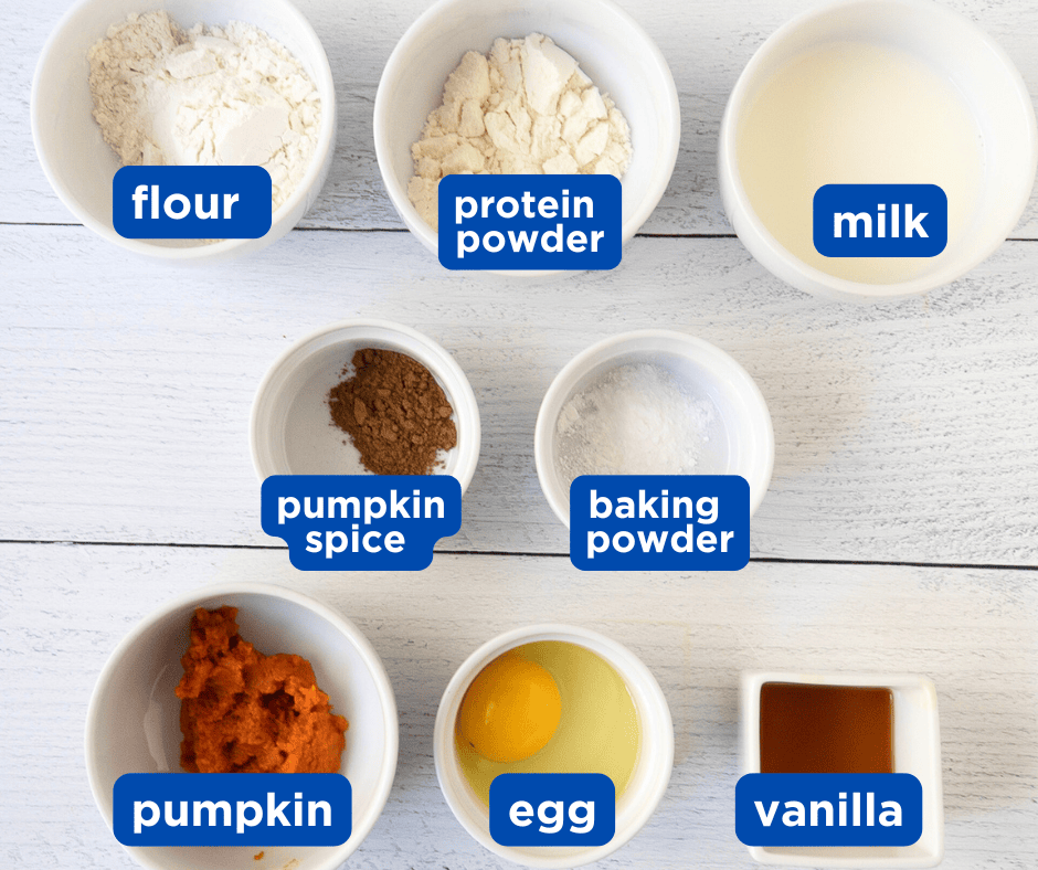 Aerial Overlay photo of ingredients for Pumpkin Spice Protein Pancakes
