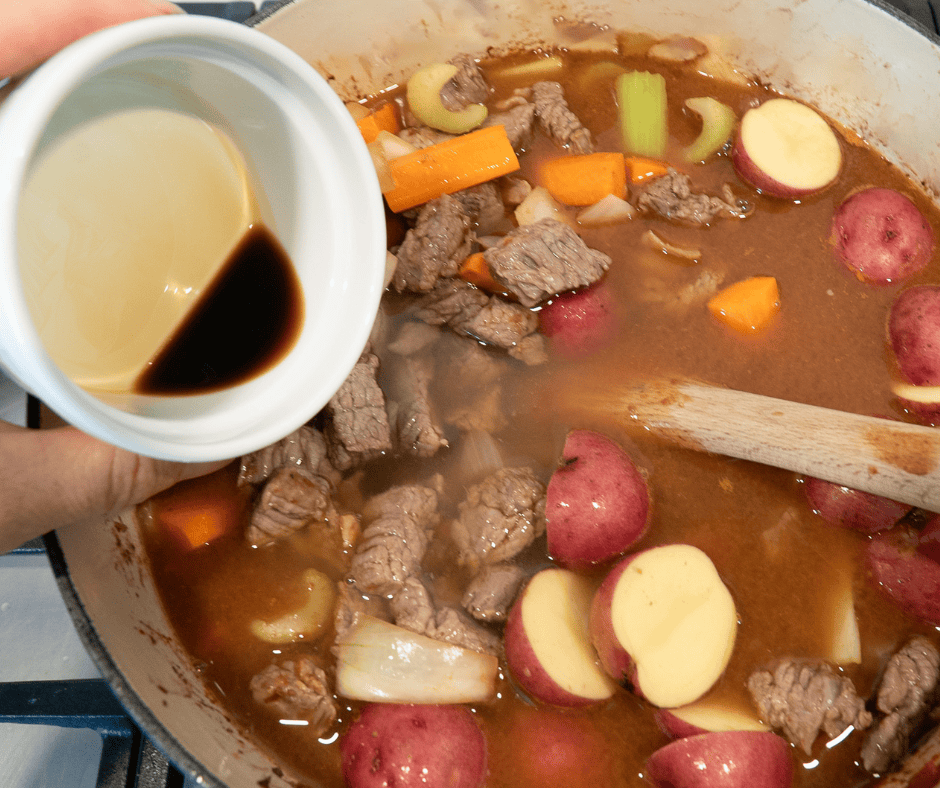 Add potatoes to beef stew with herb dumplings. And adding Worcestershire sauce
