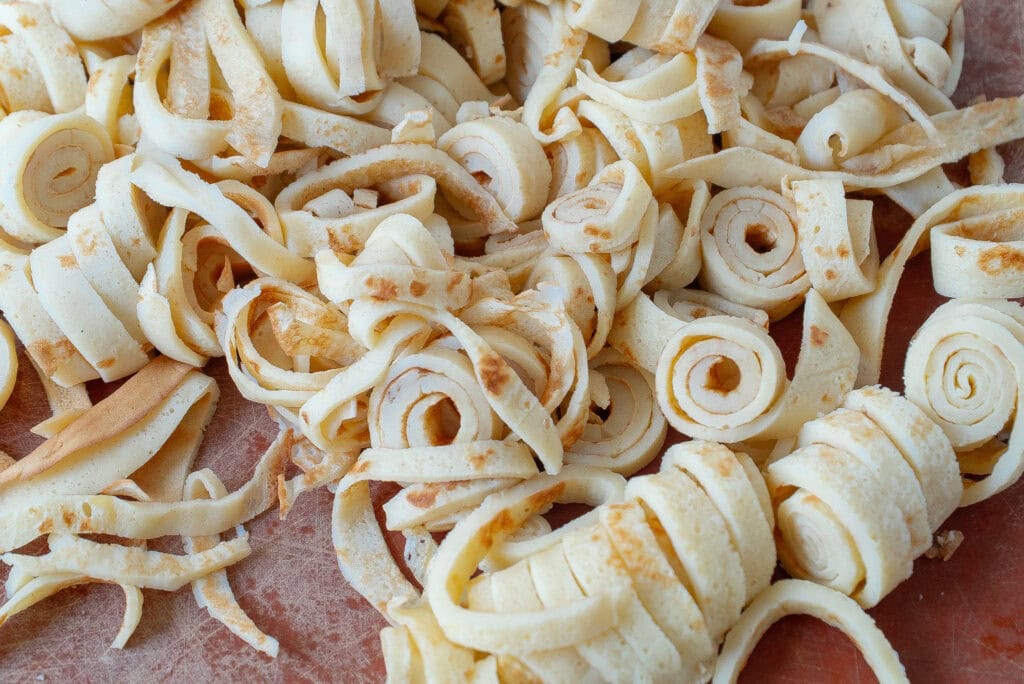 Austrian Pancake Soup strips on a cutting board