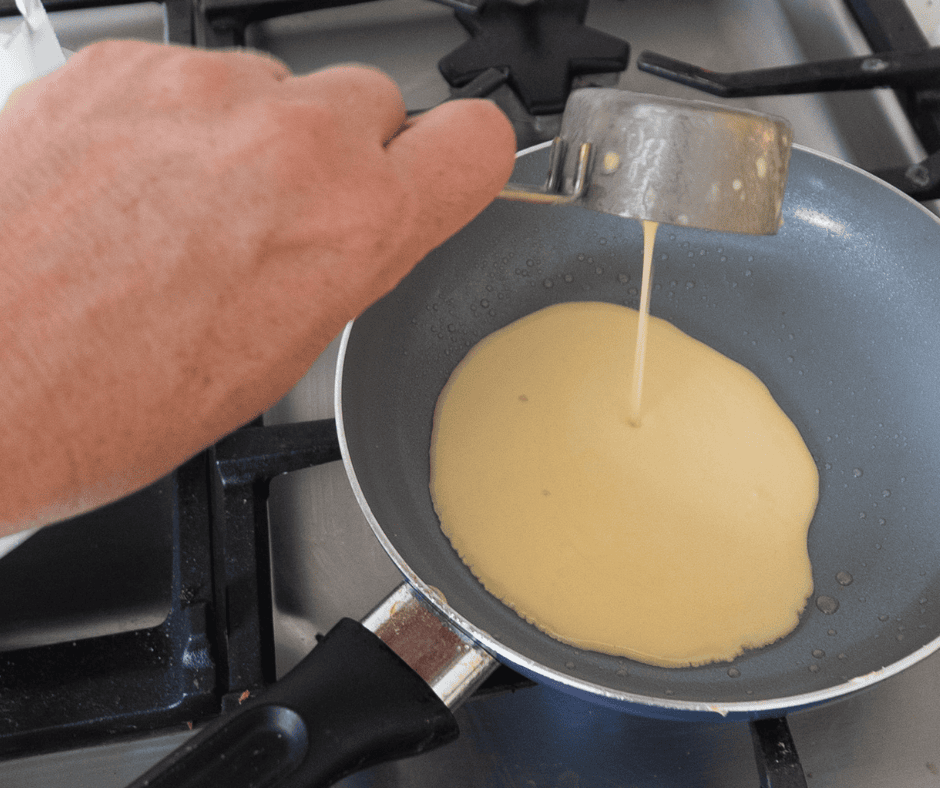 Pour batter in pan f