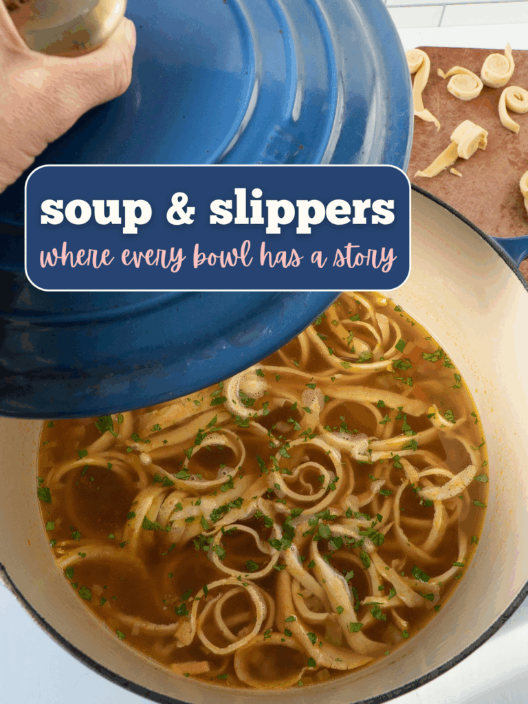 Soup and Slippers series Promo picture of a hand lifting a pot of soup