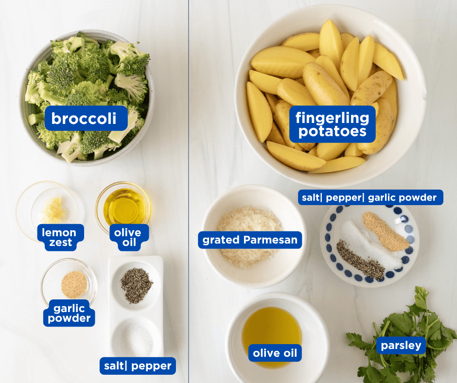 Overlay photo of ingredients for roasted potatoes and broccoli to accompany the easy sheet pan chicken parmesan recipe