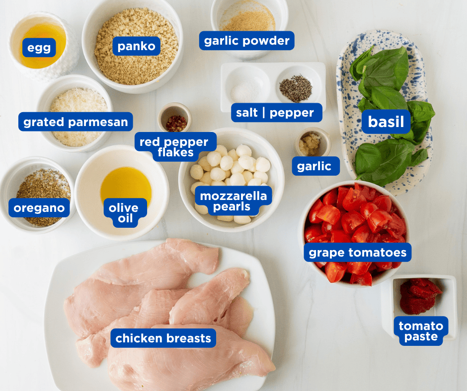 Overlay photo of ingredients for Easy Sheet Pan Chicken Parmesan 