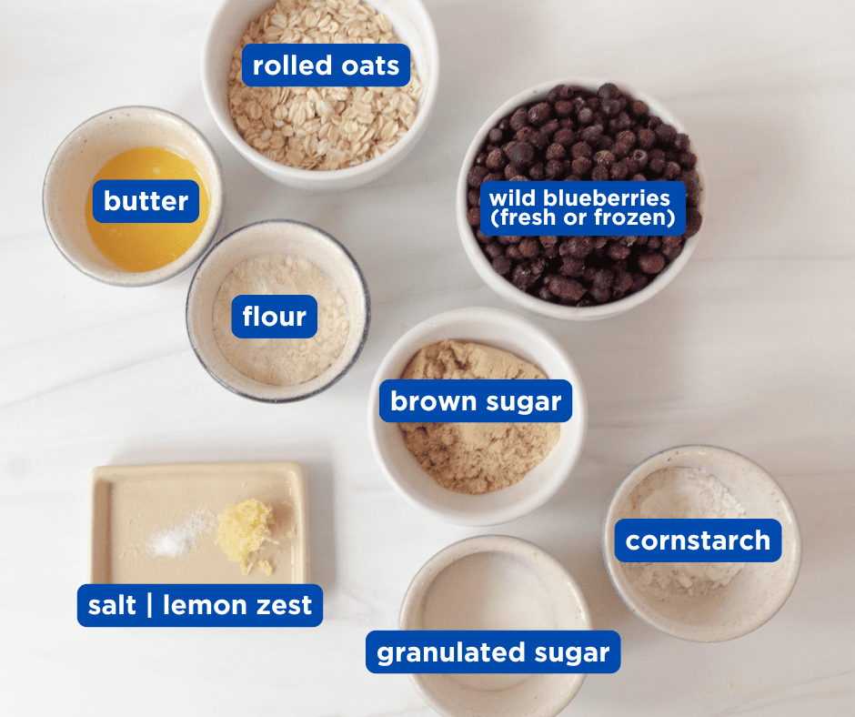 Overlay image of the ingredients needed for wild blueberry crisp cups