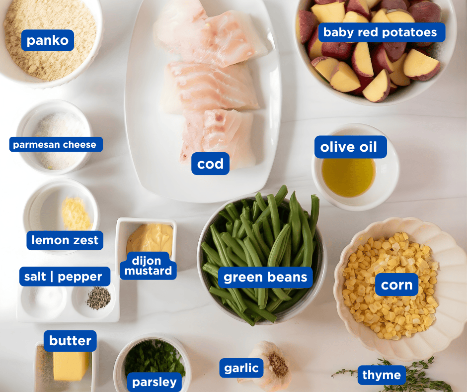 Overlay photo of ingredients needed for the Easy Panko Crusted Cod sheet pan dinner and sides. 