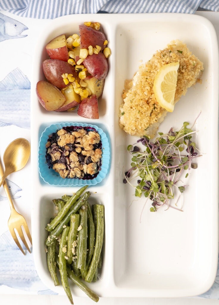 Easy Panko Crusted Baked Cod photo with fish, potatoes, green beans and blueberry crisp.