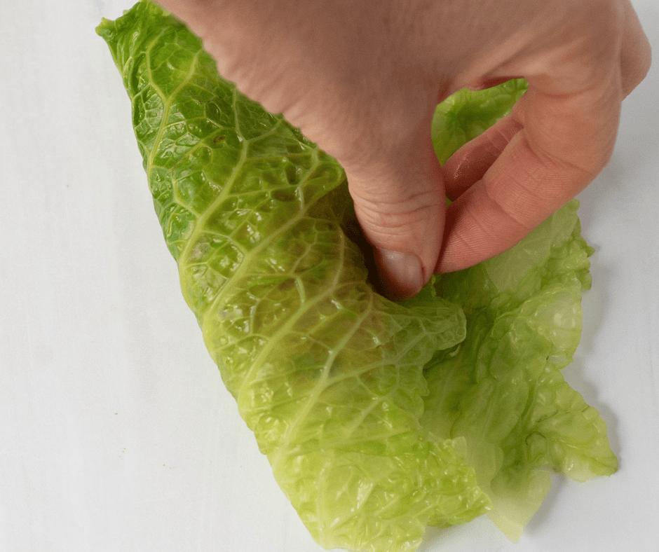 hand folding stuffed cabbage leaf in half