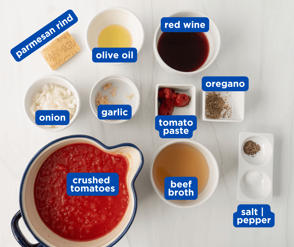 Overlay of ingredients for tomato sauce to accompany stuffed cabbage recipe