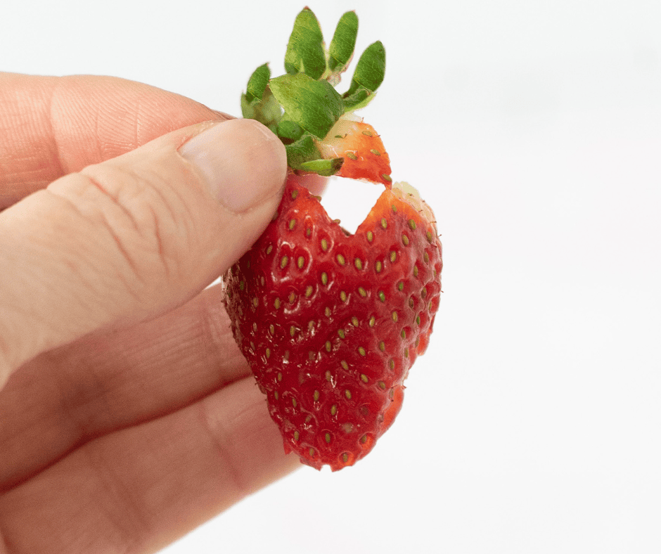 hand holding a strawberry with a V-cut into the top to demonstrate how to utilize a heart-shaped strawberry.
