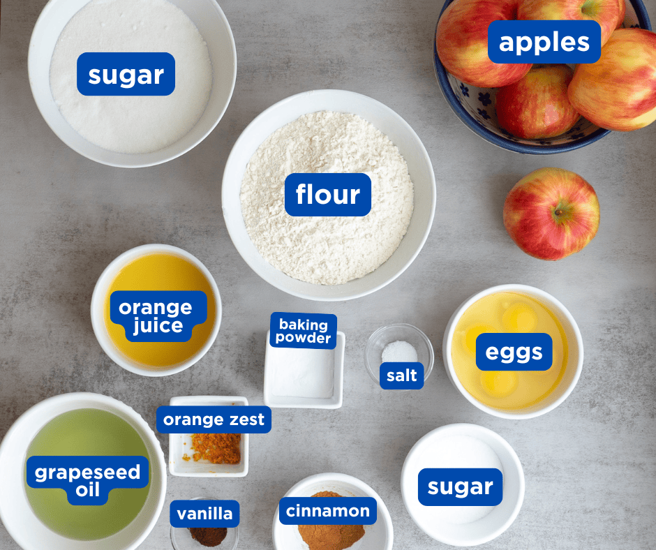 Ingredients for Jewish Apple Cake with labels
