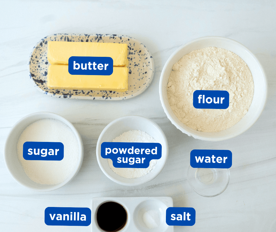 Overhead shot of ingredients for brown butter shortbread mahjong tiles with blue labeled ingredients 