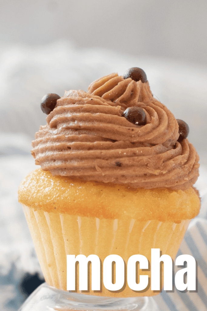 vanilla mini cupcake with mocha flavored frosting and chocolate pearls 