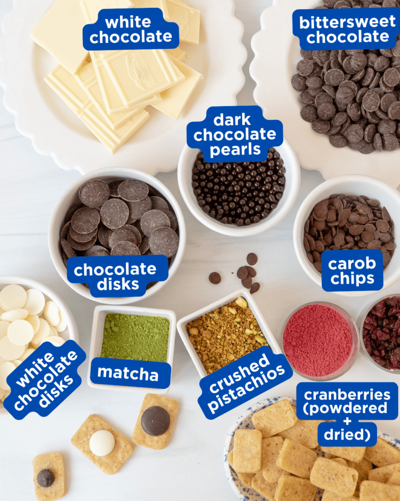 A labeled overhead picture of the ingredients needed to decorate brown butter shortbread mahjong tiles 